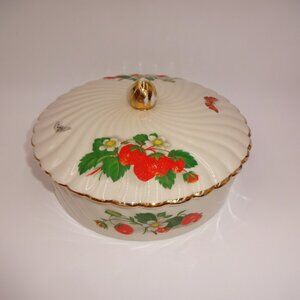 Vintage Bel-Terr China Covered Dish & Lid Strawberries Butterflies 22K Gold USA
